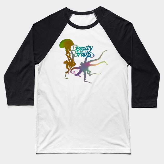 Beauty and Brains, Octopus and Jellyfish Duo 2, Hazy Pastel Rainbow, Bold Graphic Design Baseball T-Shirt by cherdoodles